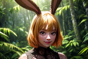 ultra realistic 8k cg, (((ultra detailed background, delicate pattern, intricate detail, highly detailed, fine details))), best quality, (photorealistic:1.4),beautiful lighting, absurdres, RAW photo, film grain, natural huge breasts, slim girl, CarrotChan, 1girl, solo, blonde hair, short hair , animal ears, rabbit ears, rabbit girl, furry female, furry, short hair, smile, rabbit tail, orange short dress,green short shawl, brown eyes, ((complex detailed background, grass, jungle, forest, vines, tall big trees, nature environment)), hands on face
