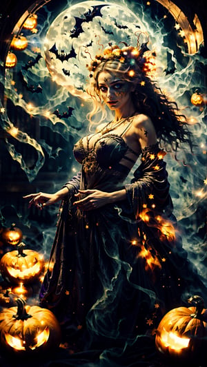 Detailed CG illustration,floating in the air,(mid-shot),a girl using magic,(fantasy setting:1.3),(ethereal lighting:1.2),(enchanted atmosphere:1.2),(flowing robes:1.2),(mystical aura:1.3),(magical effects:1.3),(fascinating expression:1.2),bare shoulder,(huge breasts),looking at viewer

(Halloween night:1.5),(pumpkin monsters:1.2),(sexy witch:1.2),(riding a pumpkin carriage:1.2),(seductive charm:1.2),(well-defined physique:1.2),(pumpkin creatures:1.1),(moonlit sky:1.1),(mystical ambiance:1.1),(festive celebration:1.1),1 girl,DonMF41ryW1ng5