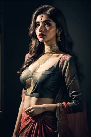 sexy Indian girl, 20 years old, bold Bollywood actress, nymph, nymphomaniac, instagram model, diva, kamasutra, seductress, femme fatale
very pretty face, red lips, mole above lip, long doe like intoxicating eyes with mascara, blush, (one side parted curly long hair:1),
(Indian embroidery dress:1.2), (Sabyasachi lehenga:1.2), (Sabyasachi deep neck blouse:1.2), sexy fit body, small breasts, 
detailed saturated skin, subsurface scattering, (realistic textures:1.4), soft focus, dynamic abstract  background,
sexy sensual standing dynamic pose, full body shot, cinematic shot, centre composition,
soft lighting, atmospheric lighting, Photorealistic, Hyperrealistic, Hyperdetailed, ultra realistic, heavy shadow, 
masterpiece, best quality, 8k, golden ratio, Intricate, (romantic film grading:1), (beauty filter:1.2), film photography, award winning photography, film grain, Fujifilm XT3, dslr, fcHeatPortrait, ,dark studio,arshadArt