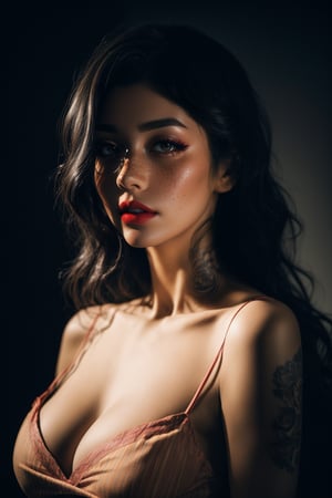 sexy Nordic girl, 20 years old, bold Hollywood actress, instagram model, kamasutra, seductress, femme fatale
very pretty face, red lips, long doe like intoxicating eyes with mascara, blush, (one side parted curly long hair:1),
(pattern cotton sundress:1.1), sexy fit body, small breasts, tattoo,
detailed saturated skin, subsurface scattering, (realistic textures:1.4), soft focus, dynamic abstract  background,
sexy sensual standing dynamic pose, full body shot, cinematic shot, centre composition,
soft lighting, atmospheric lighting, Photorealistic, Hyperrealistic, Hyperdetailed, ultra realistic, heavy shadow, 
masterpiece, best quality, 8k, golden ratio, Intricate, (romantic film grading:1), (beauty filter:1.2), film photography, award winning photography, film grain, Fujifilm XT3, dslr, fcHeatPortrait, ,dark studio,arshadArt