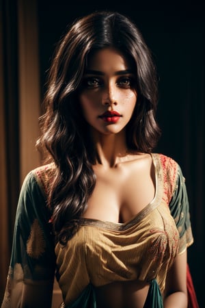 sexy Indian girl, 20 years old, bold Bollywood actress, nymph, nymphomaniac, instagram model, diva, kamasutra, seductress, femme fatale
very pretty face, red lips, mole above lip, long doe like intoxicating eyes with mascara, blush, (one side parted curly long hair:1),
(Indian embroidery dress:1.2), (Sabyasachi lehenga:1.2), (Sabyasachi deep neck blouse:1.2), highly intricate Indian jewelry, sexy fit body, small breasts, 
detailed saturated skin, subsurface scattering, (realistic textures:1.4), soft focus, dynamic abstract  background,
sexy sensual standing dynamic pose, full body shot, cinematic shot, centre composition,
soft lighting, atmospheric lighting, Photorealistic, Hyperrealistic, Hyperdetailed, ultra realistic, heavy shadow, 
masterpiece, best quality, 8k, golden ratio, Intricate, (romantic film grading:1), (beauty filter:1.2), film photography, award winning photography, film grain, Fujifilm XT3, dslr, fcHeatPortrait, ,dark studio,arshadArt,Indian