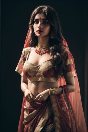 sexy Indian girl, 20 years old, bold Bollywood actress, nymph, nymphomaniac, instagram model, diva, kamasutra, seductress, femme fatale
very pretty face, red lips, mole above lip, long doe like intoxicating eyes with mascara, blush, (one side parted curly long hair:1),
(Indian embroidery dress:1.2), (Sabyasachi lehenga:1.2), (Sabyasachi deep neck blouse:1.2), highly intricate Indian jewelry, sexy fit body, small breasts, 
detailed saturated skin, subsurface scattering, (realistic textures:1.4), soft focus, dynamic abstract  background,
sexy sensual standing dynamic pose, full body shot, cinematic shot, centre composition,
soft lighting, atmospheric lighting, Photorealistic, Hyperrealistic, Hyperdetailed, ultra realistic, heavy shadow, 
masterpiece, best quality, 8k, golden ratio, Intricate, (romantic film grading:1), (beauty filter:1.2), film photography, award winning photography, film grain, Fujifilm XT3, dslr, fcHeatPortrait, ,dark studio,arshadArt,Indian