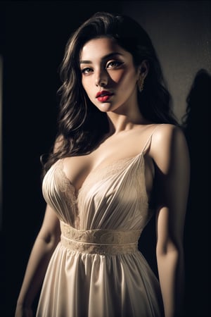 sexy Spanish girl, 20 years old, bold Hollywood actress, nymph, nymphomaniac, instagram model, diva, kamasutra, seductress, femme fatale
very pretty face, red lips, long doe like intoxicating eyes with mascara, blush, (one side parted curly long hair:1),
(See through lace design dress:1.1), intricate design dress, sexy fit body, small breasts, 
detailed saturated skin, subsurface scattering, (realistic textures:1.4), soft focus, dynamic abstract  background,
sexy sensual standing dynamic pose, full body shot, cinematic shot, centre composition,
soft lighting, atmospheric lighting, Photorealistic, Hyperrealistic, Hyperdetailed, ultra realistic, heavy shadow, 
masterpiece, best quality, 8k, golden ratio, Intricate, (romantic film grading:1), (beauty filter:1.2), film photography, award winning photography, film grain, Fujifilm XT3, dslr, fcHeatPortrait, ,dark studio,arshadArt