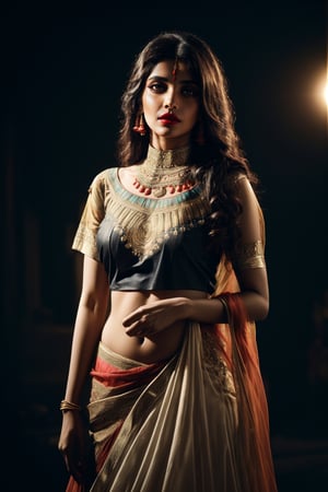 sexy Indian girl, 20 years old, bold Bollywood actress, nymph, nymphomaniac, instagram model, diva, kamasutra, seductress, femme fatale
very pretty face, red lips, mole above lip, long doe like intoxicating eyes with mascara, blush, (one side parted curly long hair:1),
(Indian embroidery dress:1.2), (Sabyasachi lehenga:1.2), (Sabyasachi deep neck blouse:1.2), highly intricate Indian jewelry, sexy fit body, small breasts, 
detailed saturated skin, subsurface scattering, (realistic textures:1.4), soft focus, dynamic abstract  background,
sexy sensual standing dynamic pose, full body shot, cinematic shot, centre composition,
soft lighting, atmospheric lighting, Photorealistic, Hyperrealistic, Hyperdetailed, ultra realistic, heavy shadow, 
masterpiece, best quality, 8k, golden ratio, Intricate, (romantic film grading:1), (beauty filter:1.2), film photography, award winning photography, film grain, Fujifilm XT3, dslr, fcHeatPortrait, ,dark studio,arshadArt,Indian