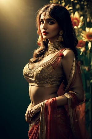 sexy Indian Punjabi lady, (Eugeniya Belousova:1.4), princess, 20 years old, bold Bollywood actress, nymph, nymphomaniac, pure untouched wild beauty, fashion model, diva, kamasutra, seductress, femme fatale
very pretty face, red lips, long doe like intoxicating eyes with mascara, blush, (one side parted curly long hair:1),
(intricate pattern Indian dress:1.1), (exquisite design Sabyasachi lehenga:1.2), (exquisite design deep neck Sabyasachi blouse:1.2), indian jewelry, sexy fit body, small medium breasts, (thighs:1.2)
detailed saturated skin, silhouette, subsurface scattering, (realistic textures:1.4), soft focus, (peacock, lotuses), (wild flowers background:1.2),
sexy sensual fashion dynamic pose, medium long shot, cinematic shot, centre composition,
soft lighting, atmospheric lighting, Photorealistic, Hyperrealistic, Hyperdetailed, ultra realistic, heavy shadow, 
masterpiece, best quality, 8k, golden ratio, Intricate, (beauty filter:1.2), film photography, award winning photography, film grain, Fujifilm XT3, dslr, fcHeatPortrait, ,dark studio,arshadArt