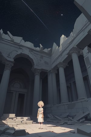 In the ruins of a magnificent temple under the mysterious starry sky, an innocent child is waiting to see God