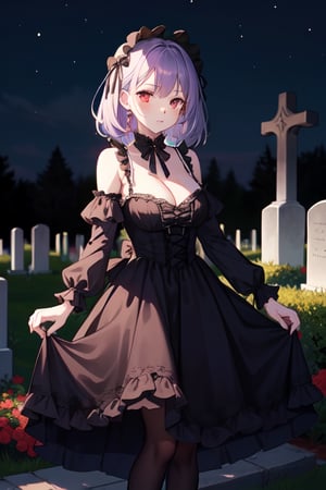 young woman, gothic_lolita, purple and black dress, red eyes, glowing eyes, cleavage,  outdoors, cemetery, bored face, midnight