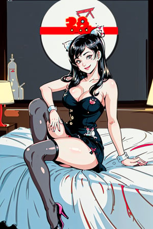 there is a woman sitting on a bed wearing a black dress, retro pinup model, pinup, pinup girl, girl pinup, sixties pinup, betty page fringe, pin up girl, pin - up girl, pinup style, pinup model, pin up, with a seductive smile, pin-up, pin - up, betty page, anaglyph effect ayami kojima, 