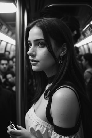 Best quality, masterpiece, ultra high res, (photorealistic:1.4), raw photo, ((monochrome)), ((grayscale)), black and white photography, street photography, trending on flickr, 1girl, offshoulder, in the dark, deep shadow, low key, cold light, deep contrast, bokeh, depth of field, (looking at viewer, softly smiling), a photo of a inside a subway car holding her cellphone, wall full of grafittis, Drew Tucker, award-winning photograph, a black and white photo, neoism, background crowds, people in backgrounds, ((upper body)), ((straight photo)),
,realism,realistic,raw,analog,woman,portrait