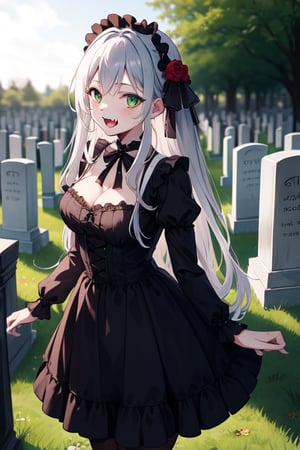 young woman, gothic_lolita, fangs, black and red dress, green eyes, cleavage,  outdoors, cemetery