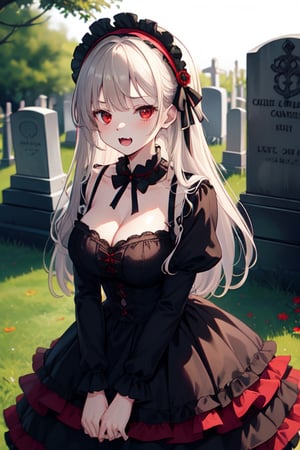 young woman, gothic_lolita, big fangs, black and red dress, red eyes, cleavage,  outdoors, cemetery, bored face