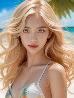 (Full Body) (Masterpiece:1.3), (Best Quality:1.3), (ultra-detailed:1.3), Perfect Anatomy, Dynamic photography, lipstick, long wavy blonde hair, beautiful Persian girl in a micro bikini, deep vaginal cameltoe crease, detailed eyes, lipstick, at a tropical beach, detailed character portrait, sunny day, detailed and intricate environment, facing viewer