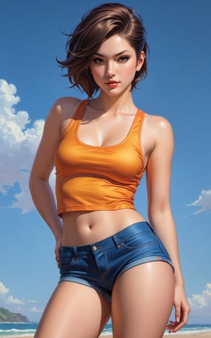 (Head-to-Thighs View) a futanari Girl with an errect penis, a tanktop and hot pants errect penis, posing for a picture Artgerm, superflat, stanley artgerm a photorealistic painting