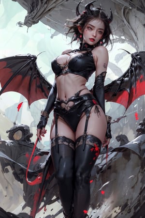 best quality, high resolution, 8k, realistic, sharp focus, Evil, black haired, demon girl, black sexy clothes, shiny skin,1 girl, beautiful korean girl, short hair, hair blowing, devil's wings, SuccubusT, demon horns, mature_woman, detailed skin, (succubus:1.3),
narrow_waist, wide_hips, milf, thigh_highs, thigh_gap, cleavage cutout, large_breast, sexy pose, big_ass,
 photon mapping, soflight,
low_angle_view, ((from_below)), camel_toe, wide_angle lens, 
(hell, battlefield, flying_ash:1.4), blood, (full_body:1.4), flying, zhongfenghua, weapon,