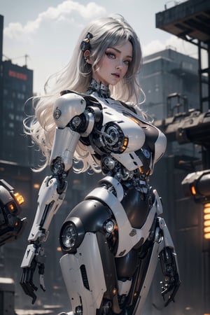 masterpiece, best quality, Amazing, beautiful detailed eyes, extremely detailed CG unity 8k wallpaper, 1girl, big breast, (vagina:1.35), big hip, (long blond wavy hair in the air:1.34), (perfert long legs:1.35), (more machanical detial:1.36), (leon light translucent from join, ((matt black and white colored titanium cyborg body covering the body:1.35)), mecha musume, cowboy shot, weapons, matt ultra-hard Transformers cyborg body, (punk city background:1.5), hourglass body shape, front angle shots, transparent bodystocking, spread_pussy,