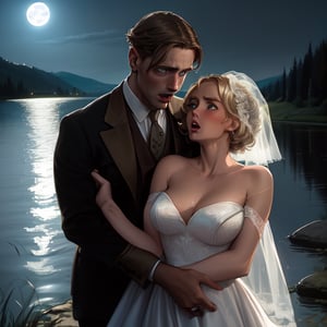 investigator, (Jack Donovan (male, brunette, late 30s), ((Jack has a shocked expression)), is grasped on the arm by,
a determined yet gentle blonde woman (early 20s) wears a tattered 1930s style wedding dress,
by a lake bathed in moonlight,
She grasps his arm,
he has a shocked expression