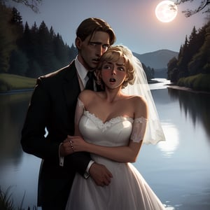 investigator, (Jack Donovan (male, brunette, late 30s), ((Jack has a shocked expression)), is grasped on the arm by,
a determined yet gentle blonde woman (early 20s) wears a tattered 1930s style wedding dress,
by a lake bathed in moonlight,
She grasps his arm,
he has a shocked expression