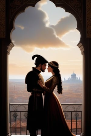 Poster or book cover style: exterior setting. One young man and one young woman stand face to face, their eyes locked in a love, forbidden love. The woman is dressed in ornate Byzantine attire, circa 1453 and the man is dressed in Byzantine military garb, circa 1453. Behind them, the walls and skyline of Constaninople in silouette loom in the background. The clouds of war gather hinting at the political intrigue and conflict that threatens to tear them apart.,HZ Steampunk