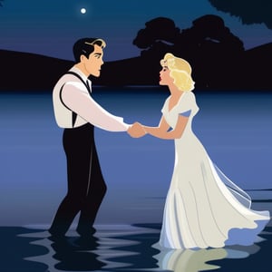 investigator, (Jack Donovan (male, brunette, late 30s), ((Jack has a shocked expression)), is grasped on the arm by,
a determined yet gentle blonde woman (early 20s) wears a tattered 1930s style wedding dress,
by a lake bathed in moonlight,
She grasps his arm,
he has a shocked expression