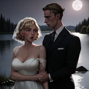 investigator, (Jack Donovan (male, brunette, late 30s), ((Jack has a shocked expression)), is grasped on the arm by,
a determined yet gentle blonde woman (early 20s) wears a tattered 1930s style wedding dress,
by a lake bathed in moonlight,
She grasps his arm,
he has a shocked expression