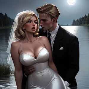 investigator, (Jack Donovan (male, brunette, late 30s), ((Jack has a shocked expression)), is grasped on the arm by,
a blonde woman (early 20s) wears a tattered 1930s style wedding dress,
by a lake bathed in moonlight,
She grasps his arm,
he has a shocked expression