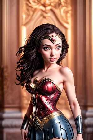 Ultrarealistic 1girl chibi, nsfw, gentle features, royal background, palace, perfect female figure, hot, seductive, cinematic shot, wonder woman