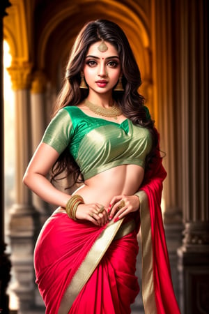 Ultrarealistic 1girl, wearing saree, gentle features, royal background, palace, perfect female figure, hot, seductive, cinematic shot