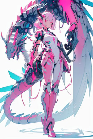 best quality,masterpiece,illustration,1girl,solo,full body,Mecha,machine,(Blank background:1.1),(Mechanical leg:1.2),paw,(Fluorescent dragon horn:1.1),(Neon color:1.4),(Fluorescent color:1.5),(Human arm:1.8),(Fluorescent arm:1.1),Dragon tail,(Simple wing:1.1),(blue-pink:1.2),