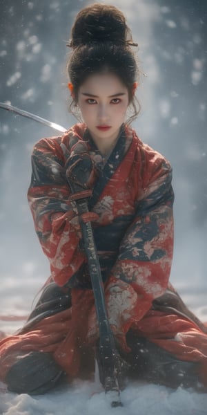  1girl,Sweet,, ,full body ,big breasts,The background is winter,snowy garden,1 girl,beautiful girl,Female Samurai, Holding a Japanese Sword, shining bracelet,beautiful hanfu(white, transparent),cape, solo, {beautiful and detailed eyes}, calm expression, natural and soft light, delicate facial features, small earrings, ((model pose)), Glamor body type, (gloden hair:1.2), beehive,long ponytail,very_long_hair, hair past hip, curly hair, flim grain, realhands, masterpiece, Best Quality, photorealistic, ultra-detailed, finely detailed, high resolution, perfect dynamic composition, beautiful detailed eyes, eye smile, ((nervous and embarrassed)), sharp-focus, full_body, sexy pose,cowboy_shot,Samurai girl,glowing forehead,lighting, Japanese Samurai Sword (Katana),girl,  xuer ai yazawa style girl