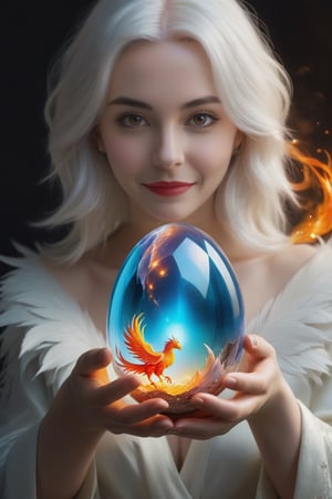 Masterpiece, realistic, high resolution, (absurdes,  high, ultradetailed), ((A  girl)), a 1girl, High Stability, ((white colored hair)), pubic tattoo, (Holds a magic egg  in his hands:1.6).((one  fire  phoenix flies out from broken crystal egg )),  (broken crystal egg:1.6), portraiture of a girl  looking a viewer, solo, (full length: 0.6), dynamicpose, Detailed background, Madness in the eyes, floating in the air,   