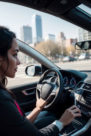 A woman sitting in the seat with her hands on the steering wheel, vemos ela de perfil, as if the camera were in the passenger seat, She's driving in a city, half body view 