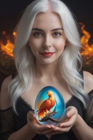 Masterpiece, realistic, high resolution, (absurdes, ah high, ultradetailed), ((A  girl)), a 1girl, High Stability, ((white colored hair)), pubic tattoo, ((Holds a magic egg  in his hands:1.6)).one (very little fire  phoenix ) inside crystal egg,    portraiture of a girl  looking a viewer, solo, (full length: 0.6), dynamicpose, Detailed background, Madness in the eyes, floating in the air,   