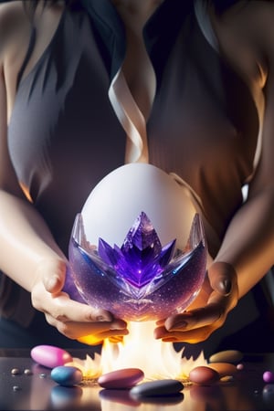 One japanese beautiful lady, handling one big crystal easter egg, inside egg one fire phoenix , water, earth and air, high quality.,easter, ,Bomi