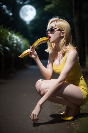 cleavage, woman, front view, detailed face, yellow bodycon tank top, blonde hair, park, sky, trees, pale skin, moonlight, stars, 1girl, full body, statement sunglasses, woman, busty, petite, vivid colors, bokeh background, subject for emphasis,dramatic colors, dynamic angles, (holding a long banana), ((sucking))