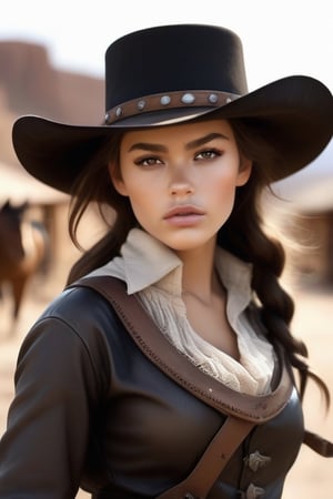 Create a [realistic] [4k] [monochrome] , [high contrast], [photography] that captures the essence of the [wild west], featuring a [masterpiece] that depicts a [cowboy] scene. The photo should be of [exquisite quality], with [specular reflection], [subsurface scattering], [diffuse reflection], [backlight], [soft light]. The image should prominently feature a [single], [extremely beautiful], [young] [woman], who is a [outlaw] and [bandit] with [alluring gaze]. She stands in an [old west] [dusty] town. The woman is dressed in typical cowboy attire, wearing a [poncho] or [black coat], pants with [chaps], [cowboy boots], and a [realistic] [cowboy hat] with [revolvers] in her [holsters], which complement her [natural] beauty and [cowboy] charm. Her [tanned face] is [flushed], [blushed] with [dense delicate freckles] should have [detailed contours] and a [heart-shaped] structure with [delicately proportioned features] and [high cheekbones]. Her [full, pouty lips] should be slightly parted, and her small, narrow nose should add to her charm. Her [detailed eyes] should be enhanced with [black eyeliner] and [black smudged eyeshadow], which beautifully frame her [natural] beauty. In the photo, the woman's skin should be [sweaty], [glossy], and radiant, while her [messy] hair should add to the [natural] appeal of the image. The [wild west] setting should be emphasized, with a [high level of detail] in the [realistic] and [natural] scenery. The [dusty town] should be placed in the background, enhancing the overall [wild west] vibe of the photo. The overall theme of the photograph should be [realistic], [half body] , [natural], and [wild west] in style, highlighting the beauty of the [old west].aim gun, aim pistol, ,gunatyou,halsman