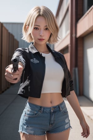1girl, ((aiming at the viewer with a machine gun)), ((holding a handgun)), masterpiece, detailed shadows, detailed light, very detailed, best quality, HD, 4k, high quality, outdoor, background burning warehouse, cowboy shot, photography, professional lighting, ((decent looking gun),Japanese. Short Blonde Hair,aiming at viewer,handgun