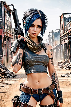 (score_9, score_8_up, score_7_up), 1girl, solo, looking at viewer, medium hair, bare shoulders, (black hair, blue hair, two-tone hair), graphic line tattoos, hazel eyes, full pouty lips, red makeup, wasteland city background, medium breasts,sexy mad max style, post apocalyptic style, dieselpunk look, dieselpunk setting, dieselpunk soldier girl, wearing techwear and armor, welder's, wrench, Cyberpunk costumes, post_apocalyptic-style outfit, detailed clothes, revealing clothes, looking at viewer, depth_of_field, amy,holding weapon, handgun, holding gun, aiming at viewer, finger on trigger,cpfmask_xl-smple