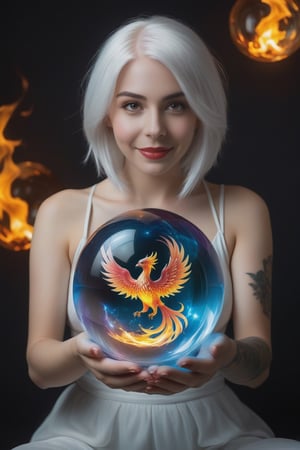 Masterpiece, realistic, high resolution, (absurdes, ah high, ultradetailed), ((A  girl)), a 1girl, High Stability, ((white colored hair)), pubic tattoo, ((Holds a magic sphere in his hands:1.6)). portraiture of a girl  looking a viewer, solo, (full length: 0.6), dynamicpose, Detailed background, Madness in the eyes, floating in the air,  sit on magical crystal egg, one fire  phoenix inside crystal egg,