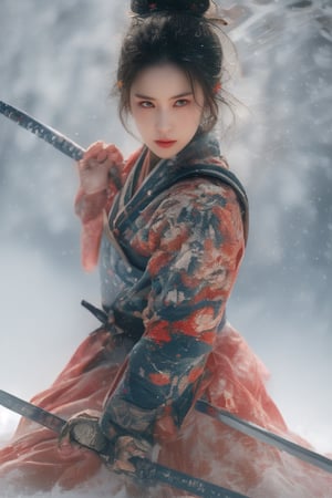  1girl,Sweet,, ,full body ,big breasts,The background is winter,snowy garden,1 girl,beautiful girl,Female Samurai, Holding a Japanese Sword, shining bracelet,beautiful hanfu(white, transparent),cape, solo, {beautiful and detailed eyes}, calm expression, natural and soft light, delicate facial features, small earrings, ((model pose)), Glamor body type, (gloden hair:1.2), beehive,long ponytail,very_long_hair, hair past hip, curly hair, flim grain, realhands, masterpiece, Best Quality, photorealistic, ultra-detailed, finely detailed, high resolution, perfect dynamic composition, beautiful detailed eyes, eye smile, ((nervous and embarrassed)), sharp-focus, full_body, sexy pose,cowboy_shot,Samurai girl,glowing forehead,lighting, Japanese Samurai Sword (Katana),girl,  xuer ai yazawa style girl,holding a sword