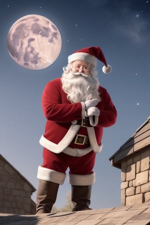 Q version of Santa Claus,Cute and cute,hunchback、chubbiness,Carry a large pocket,the roof,chimneys,Huge moon background,depth of fields,a work of art,ultra - detailed,4K分辨率,high high quality,电影灯光,High picture detail,Detailed pubic hair,epic graphics