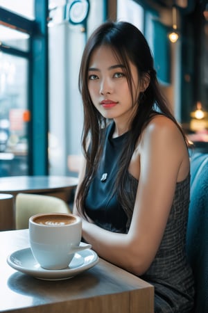 A beautiful young Japanese woman is sitting on the sofa seat of empty cafeteria , at tabel one  cup of hot latte. This woman's skin is quite tanned and covered with sweat,masterpiece,best quality,ultra detailed face,ultra detailed,4k,green eyes,green_eyes,Glow,Face,Neon