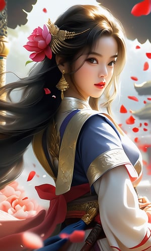 Realistic, (masterpiece), (Best Quality), Photorealism, Realistic, (1girl in), Solo,Thai、Traditional Thai costumes、Fight with the sword、red roses petals flutter in large quantities, 