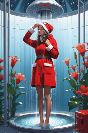 in a style of simon stalenhag, retro futuristic style, [buzimage] (masterpiece), (best quality), (ultra-detailed), (highly detailed CG illustration), ((an extremely delicate and beautiful)),(cute delicate face),cinematic light,(1girl), in red santa costume,  in a shower capsule, solo,full body,(in shower), ((standing)), shower head, water, expressionless, (lily plants entangling:1.35), coloring book page, ((black and white)), ((monochrome)),  ,aesthetic portrait,dashataran
