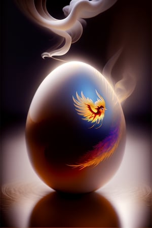 Masterpiece, realistic, (one little baby chinese phoenix bird inside translucent egg),  (white smoke around egg), full body ,stunning beauty, hyper-realistic oil painting, vibrant colors, dark chiarascuro lighting, a telephoto shot, 1000mm lens, f2,8,Vogue,more detail,,Digital painting 