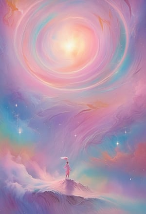 A dreamy, celestial scene with swirling pastel hues and a lone figure suspended in mid-air, radiating ethereal energy. ,<lora:659095807385103906:1.0>