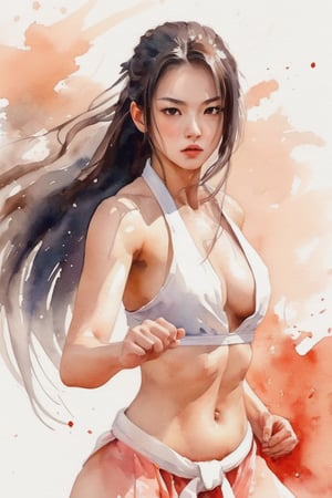 Nsfw ,1 girl,  naked karateka, 19 year old, no dress, full nude, fight techniques、long hair、Beautiful face ,simple background, watercolor style, 