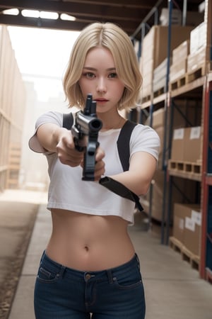 1girl, ((aiming at the viewer with a machine gun)), ((holding a handgun)), masterpiece, detailed shadows, detailed light, very detailed, best quality, HD, 4k, high quality, outdoor, background burning warehouse, cowboy shot, photography, professional lighting, ((decent looking gun),Japanese. Short Blonde Hair,aiming at viewer