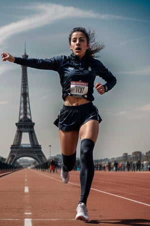 Vibrant female runner in motion, youthful energy radiates from the dynamic pose. The bright, bold uniform bursts with color against the stark grey of the track, while the Eiffel Tower's iron latticework rises majestically into the misty blue sky. Sharp focus on the athlete's determined expression and athletic build as she stands poised at the starting line, the stadium's sleek grandstands curving around him like a gentle arc.