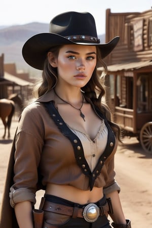 Create a [realistic] [4k] [monochrome] , [high contrast], [photography] that captures the essence of the [wild west], featuring a [masterpiece] that depicts a [cowboy] scene. The photo should be of [exquisite quality], with [specular reflection], [subsurface scattering], [diffuse reflection], [backlight], [soft light]. The image should prominently feature a [single], [extremely beautiful], [young] [woman], who is a [outlaw] and [bandit] with [alluring gaze]. She stands in an [old west] [dusty] town. The woman is dressed in typical cowboy attire, wearing a [poncho] or [black coat], pants with [chaps], [cowboy boots], and a [realistic] [cowboy hat] with [revolvers] in her [holsters], which complement her [natural] beauty and [cowboy] charm. Her [tanned face] is [flushed], [blushed] with [dense delicate freckles] should have [detailed contours] and a [heart-shaped] structure with [delicately proportioned features] and [high cheekbones]. Her [full, pouty lips] should be slightly parted, and her small, narrow nose should add to her charm. Her [detailed eyes] should be enhanced with [black eyeliner] and [black smudged eyeshadow], which beautifully frame her [natural] beauty. In the photo, the woman's skin should be [sweaty], [glossy], and radiant, while her [messy] hair should add to the [natural] appeal of the image. The [wild west] setting should be emphasized, with a [high level of detail] in the [realistic] and [natural] scenery. The [dusty town] should be placed in the background, enhancing the overall [wild west] vibe of the photo. The overall theme of the photograph should be [realistic], [half body] , [natural], and [wild west] in style, highlighting the beauty of the [old west].aim gun, aim gun, ,gunatyou,halsman,more detail XL