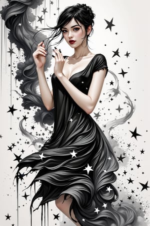 1girl, beautiful,(( potrait)), half body view, ink bubbles in background, she dances in a sea of inky stars, looking at viewer, dynamic pose, ink rain, stunning image, ink smoke, digital art, professional style, ((masterpiece quality)), ink droplets, attractive image. Ink art style.,